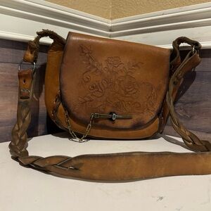 Vintage Tooled Leather Shoulder Bag 70s Handcrafted Boho Floral Satchel Braided